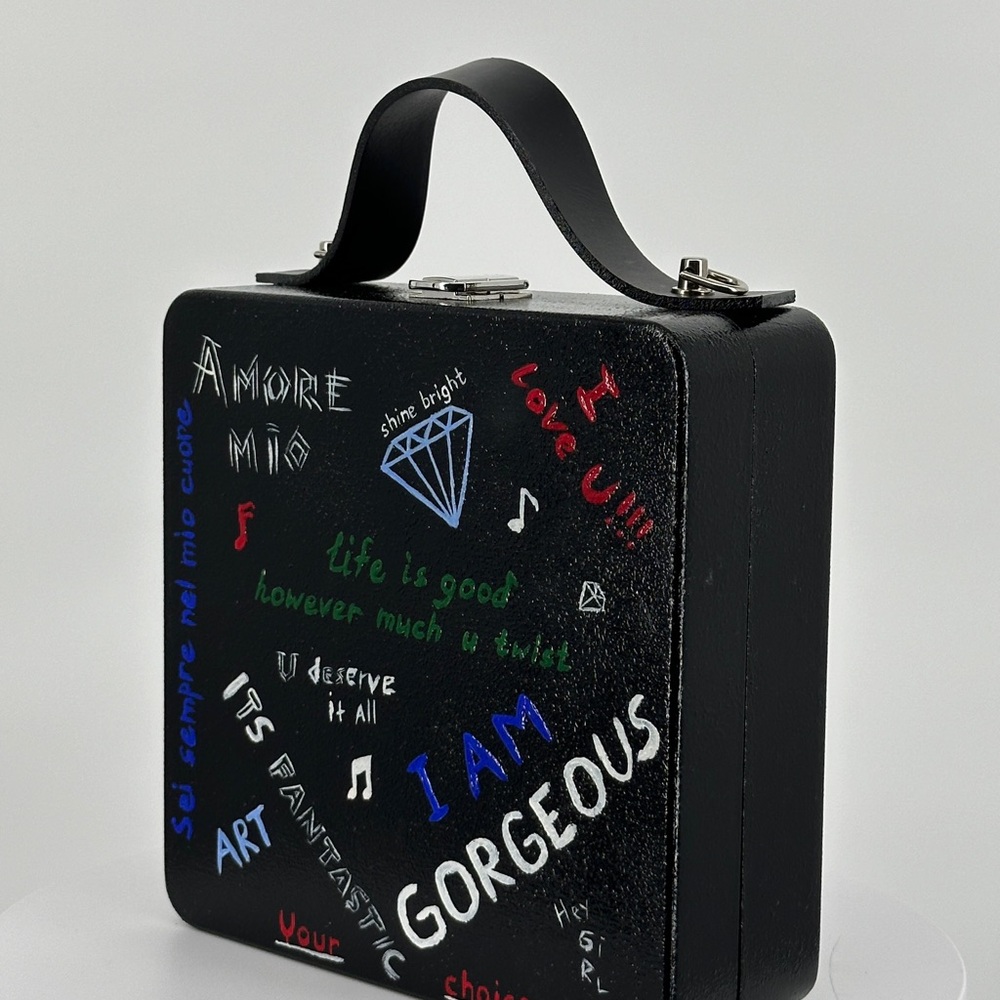 Black Graphic Handbag, wooden purse, handmade